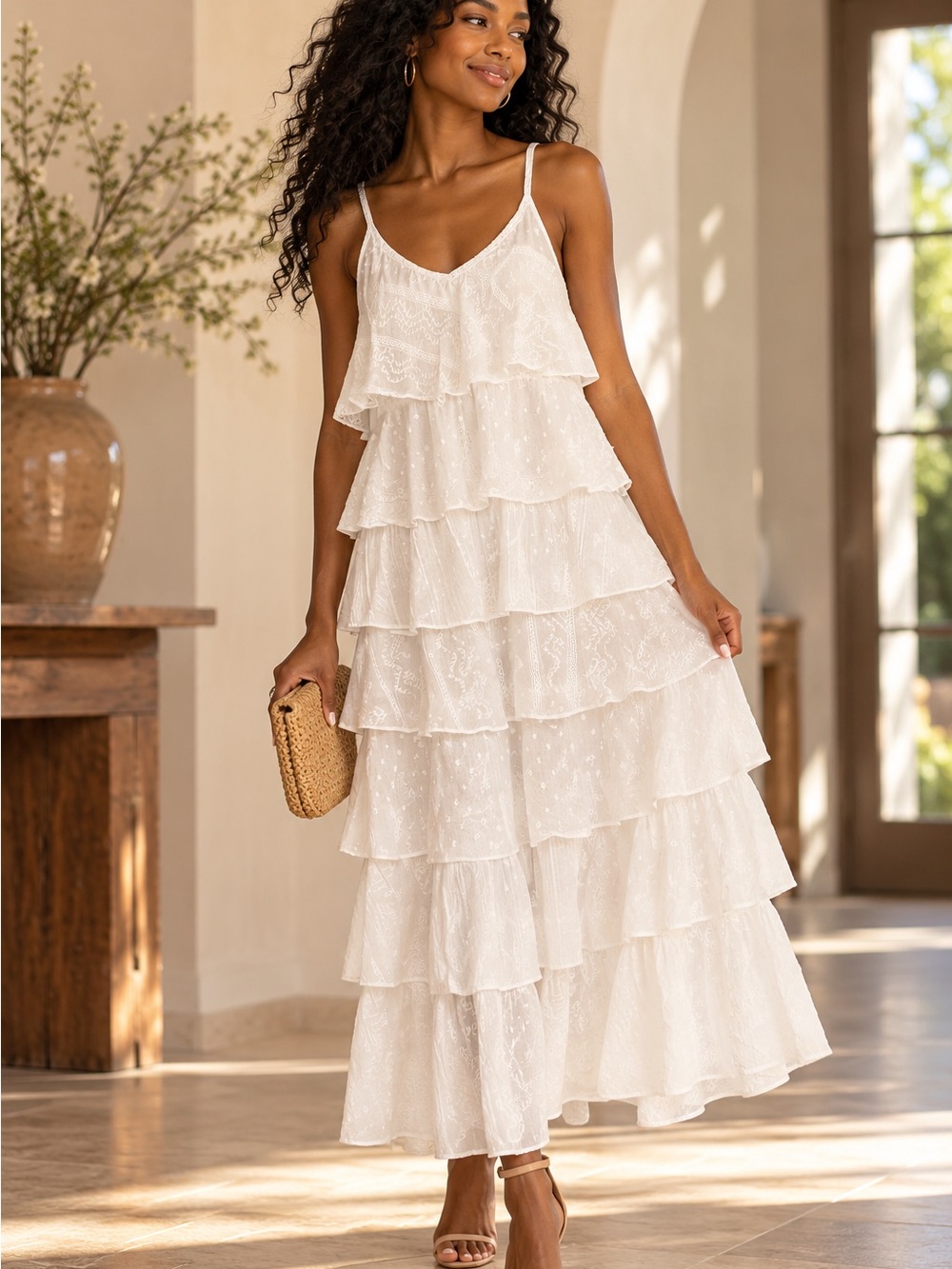 White Cotton Tiered Ruffle Maxi Dress Embroidered Boho Bridal Resort L